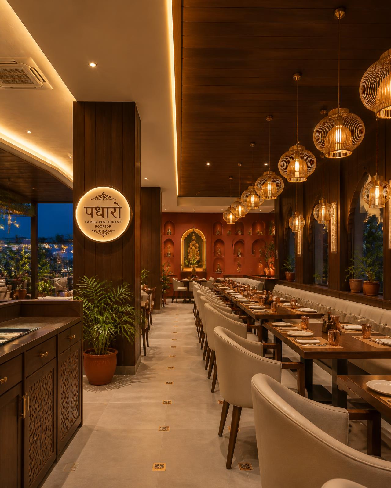 Warm rooftop dining room at Mamma Rotti with golden pendant lights